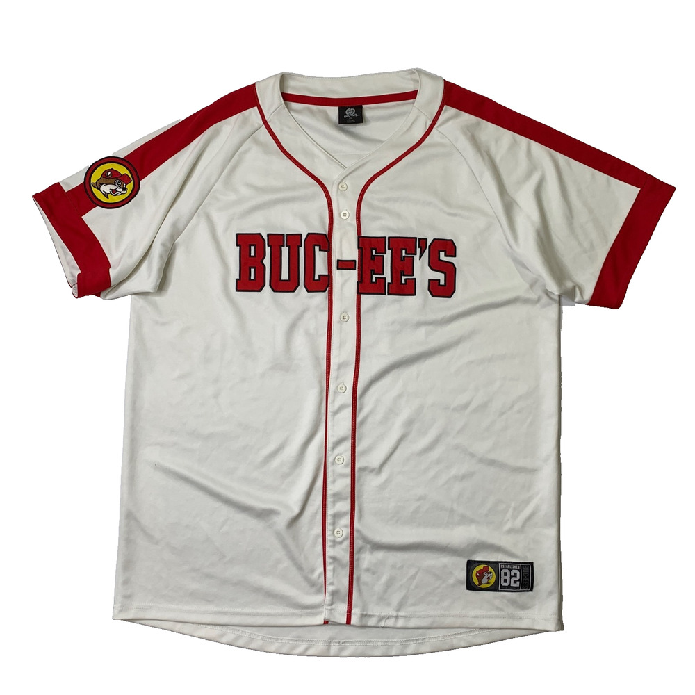 Buc-ees Texas Jersey Mens 2XL Ivory Button Front Baseball 82 Mascot Gas Service